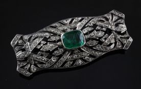 A 19th century silver and green and white paste set brooch, of pierced shaped rectangular design,