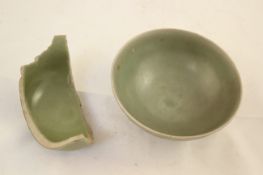 A Chinese Longquan celadon petal lobed bowl, Song dynasty, 12.3cm., together with a shard of a