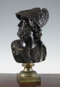 A 19th century patinated bronze bust of Mars, on brass plinth base, 16in.