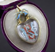 A Victorian gold and blue enamel mounted heart shaped rock crystal pendant, with enamelled