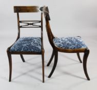 A set of six Regency stained beech dining chairs, the shaped tablet crest rails with anthemion