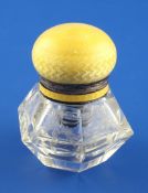 A 1920`s continental silver and yellow guilloche enamel mounted inkwell, of hexagonal form, with