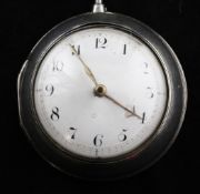 A George III silver pair cased keywind verge pocket watch by C. Langley, London, with Arabic dial,