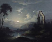 After Samuel Petheroil on canvas,Moonlit abbey ruins beside a lake,19 x 23in.