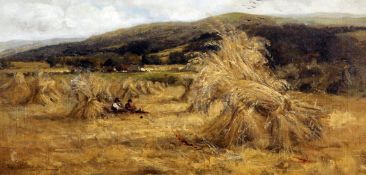 Harry Pennell (1879-1934)oil on canvas,Figures at rest in a cornfield,signed,12 x 24in.