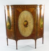 An Edwardian mahogany breakfront side cabinet, painted all over with neo classical motifs, the