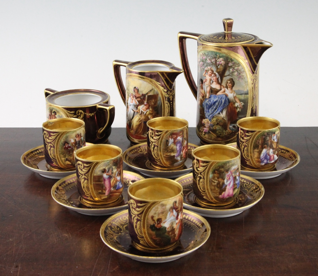A Vienna style porcelain cabaret set, c.1910, each piece decorated with titled scenes of classical
