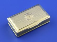A George III engine turned 18ct gold snuff box, of rectangular form, with engraved armorial and