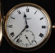 A George V 9ct gold gold keyless lever hunter pocket watch by J.W. Benson, with Roman dial and