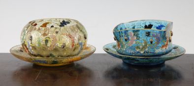 Two Moser enamelled and applique work glass finger bowls and matching stands, late 19th century,