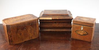 A George III mahogany satinwood banded and marquetry inlaid tea caddy, together with another smaller