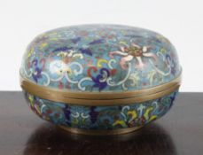 A Chinese cloisonne enamel `lotus` box and cover, 19th century, decorated with lotus flowers and