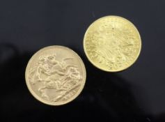 A George V 1911 gold full sovereign and an Austrian 20 corona gold coin.