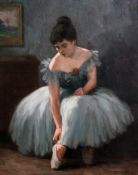 Helge Helme (Danish, 1894-1987)oil on canvas,Ballerina tying her shoe,signed,22 x 18in.