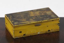 A 19th century Swiss yellow painted metal musical box, printed with women in an Italian landscape,