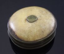 An 18th century oval horn and brass mounted snuff box, the lid with octagonal initial plaque, 12.