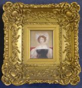 English School c.1830oil on ivory,Miniature of a lady wearing a black dress and elaborate lace