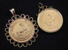 Two gold Krugerrands, 1971 & 1981, both in pendant mounts.