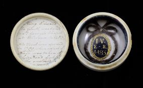 Royal Memorabilia: A small 19th century box and cover, containing a lock of hair purporting to be