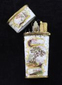 A George III gilt metal and enamel etui case, decorated with cartouche reserves, painted with