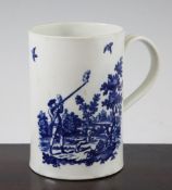 A Worcester blue and white mug, c.1780, decorated with both the `Man holding Gun` and the `Man
