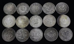A collection of Chinese silver coins, including one dollar, 2 mace and 7 Candareens, Memento