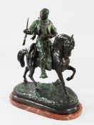 A large 20th century patinated bronze figure of an Arab on horseback, with naturalistic base on an