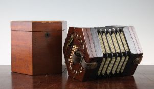 A Lachenal & Co patent concertina, with forty nine buttons, no.47260, in original mahogany box, 6.