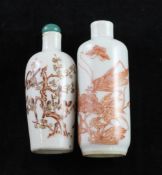 Two Chinese rouge-de-fer snuff bottles, 1830-1900, the first painted with birds amid fruiting prunus