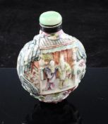 A Chinese enamelled biscuit porcelain snuff bottle, Jiaqing mark and of the period, moulded with