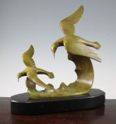 Riolo. A patinated bronze group of seabirds on the crest of a wave, stamped `bronze` and mounted