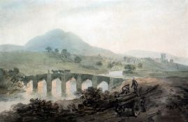 Nicholas Pocock (1740–1821)pencil and watercolour,Landscape with a bridge over a river,Spink label