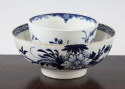 A Liverpool blue and white `Bird on a Branch` pattern bowl, possibly Chaffers, c.1765, and a