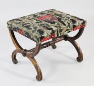 A Victorian simulated rosewood X frame stool, with rectangular top and machine tapestry
