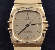 A gentleman`s 1980`s 18ct gold Omega Constellation Chronometer quartz wrist watch, the shaped square