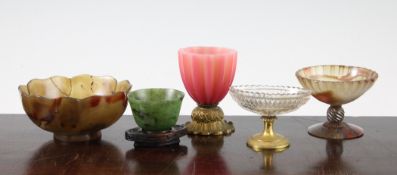 A 19th century pink opaque glass and ormolu vase, a circular agate pedestal dish with crimped rim, a