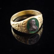 An early 20th century Austro-Hungarian 14ct gold and green enamel commemorative signet ring, with