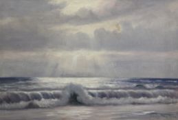 Poul Friis Nybo (Danish, 1869-1929)oil on canvas,Waves breaking on the shore,signed,18 x 26.5in.