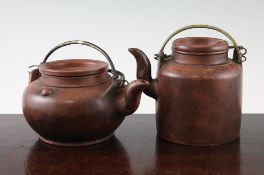 Two Chinese Yixing teapots and covers, 19th / 20th century, the first cylindrical, the second of