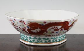 A Chinese famille rose `dragon` hexagonal bowl, Guangxu mark but later, painted to the interior