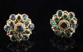 A pair of Victorian gold and green garnet set cluster earrings, of flowerhead design, 0.5in.