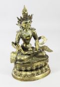 A large Tibetan or Nepalese bronze figure of Amitayus, seated in typical pose, with glass