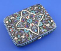 A late 19th century Russian 84 zolotnik silver and cloisonne enamel purse, of rounded rectangular