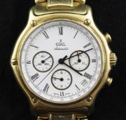 A gentleman`s 18ct gold Ebel automatic chronograph wristwatch, with Roman dial and three