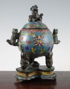 A Chinese cloisonne, enamel and bronze censer, cover and stand, decorated with lotus flowers,