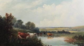 W.G. Meadowsoil on canvas,Landscape with cattle watering,signed,24 x 42in.