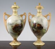 A pair of Royal Worcester Highland cattle painted vases and covers, by John Stinton, c.1908, the