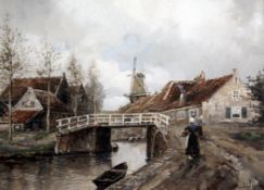 Jan Van Couver (1836-1909)watercolour and gouache,Figures beside a canal,signed,14 x 19.75in.
