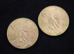 Two Mexican Centenario 50 pesos gold coins.