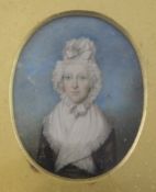 Attributed to Thomas Hazlehurst (1740-1821)oil on ivory,Miniature of a lady wearing a white bonnet